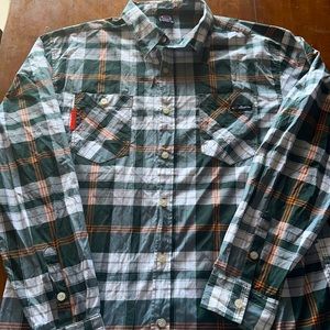 Men’s green white and orange checkered Enyce button down shirt